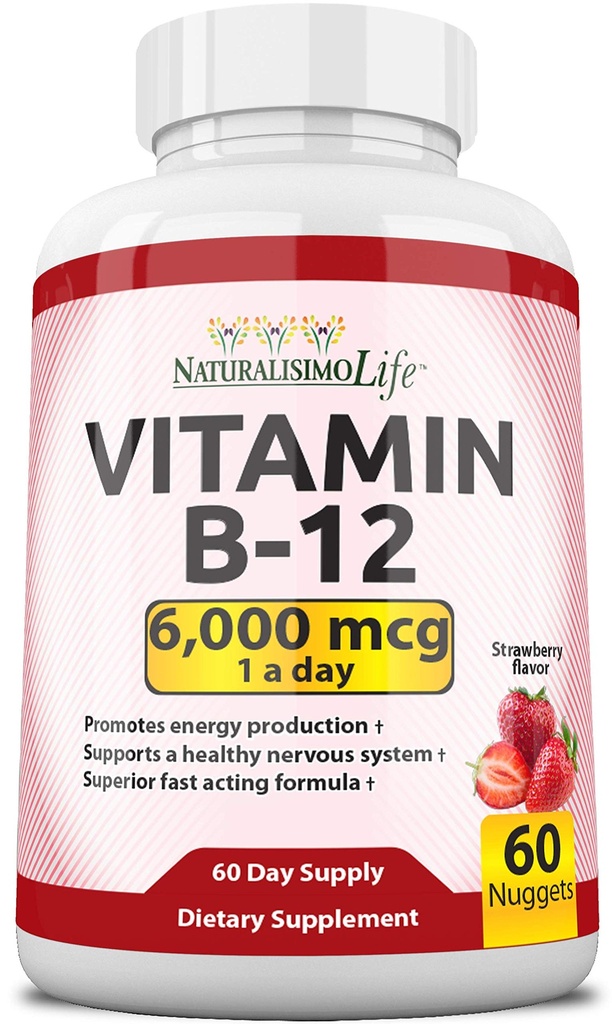 NaturalisimoLife Vitamin B12 6.000 mcg - Hurtig opløsning Strawberry Flavor Nuggets - 60 Nuggets, Non- GMO, Vegan, Gluten Free