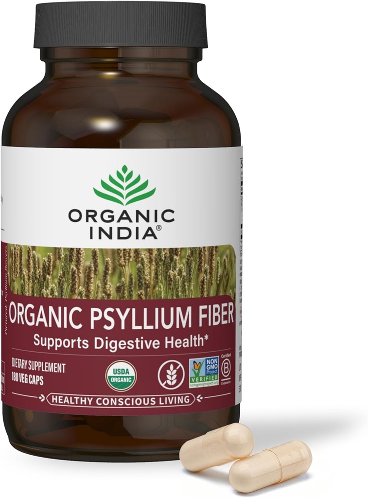 ORGANISK INDIA Psyllium Husk kapsler - Fiber Supplement, sund Elimination - Vegan, Keto Friendly, Gluten- Free, USDA Certified Organic, Non- GMO, Opløselig & Uopløselig Fiber Kilde - 180 Tæl