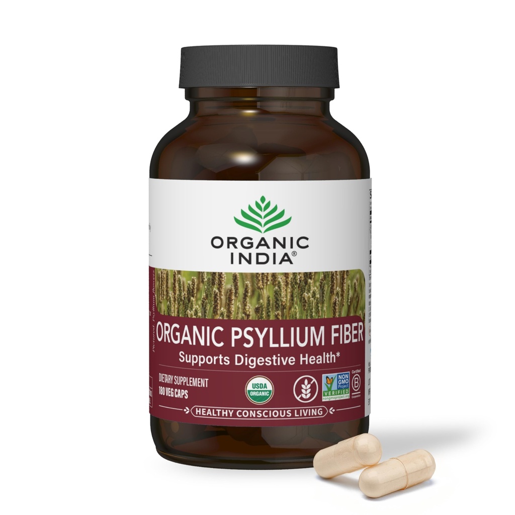ORGANISK INDIA Psyllium Husk kapsler - Fiber Supplement, sund Elimination - Vegan, Keto Friendly, Gluten- Free, USDA Certified Organic, Non- GMO, Opløselig & Uopløselig Fiber Kilde - 180 Tæl