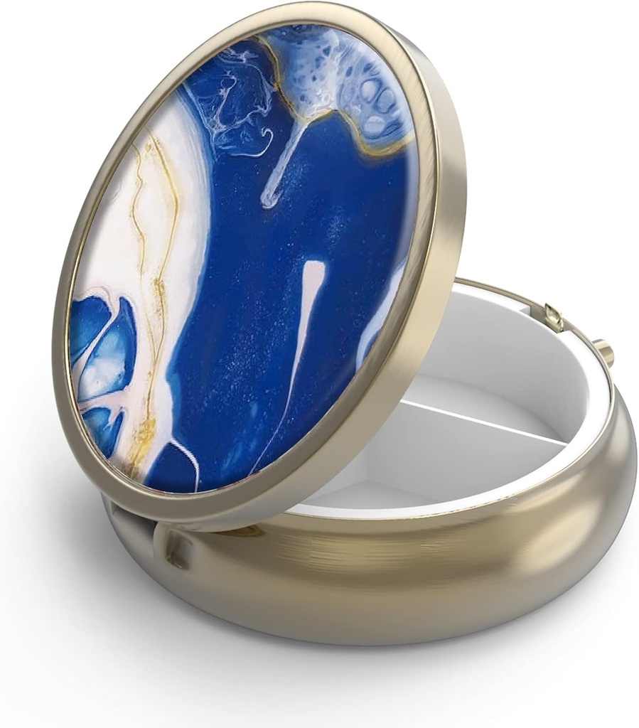 Pill Case Pill Box med spejl Retro 3 Segment Lille Pill Case til purse eller Pocket Bronze Lille Roud Pill Box eller Vitaminer, Fiskeolie, Kosttilskud, Pill Containe Rejse Gaver Marble Paint