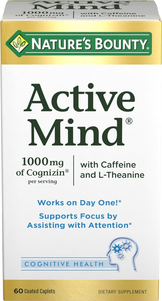 Nature 's Bounty Active Mind Kosttilskud, understøtter fokus og opmærksomhed, 1000 mg Cognizin med L- Theanin og koffein piller, 60 kapsler