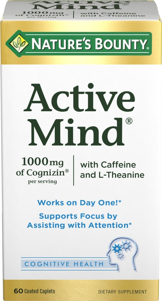 Nature 's Bounty Active Mind Kosttilskud, understøtter fokus og opmærksomhed, 1000 mg Cognizin med L- Theanin og koffein piller, 60 kapsler