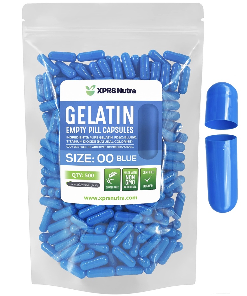 XPRS Nutra Størrelse 00 Tomme kapsler - 500 Count Tomme Gelatine kapsler - Piller gør det selv Capsule Fyldning - Fyldelige Pille Gel Caps til Do- It- Yourself Kosttilskud (blå)