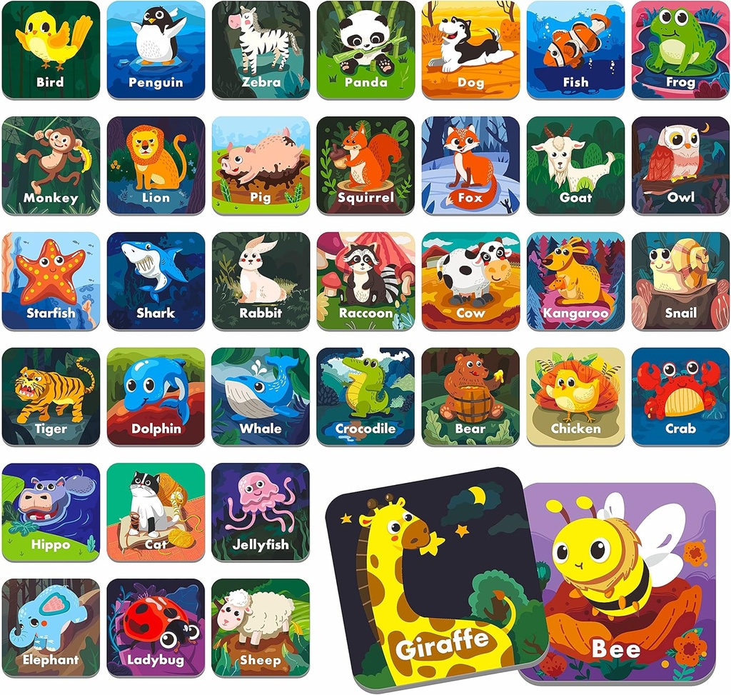 Hebayy 36 Par Animal Matching Memory Game Flash Cards for Toddlers, Preschool, børnehave og hjem. Spændeligt, Fun & Fast, Rejse Friendly, Behændighedsopbygning. Størrelse 2 "x 2" (5 x 5 cm)