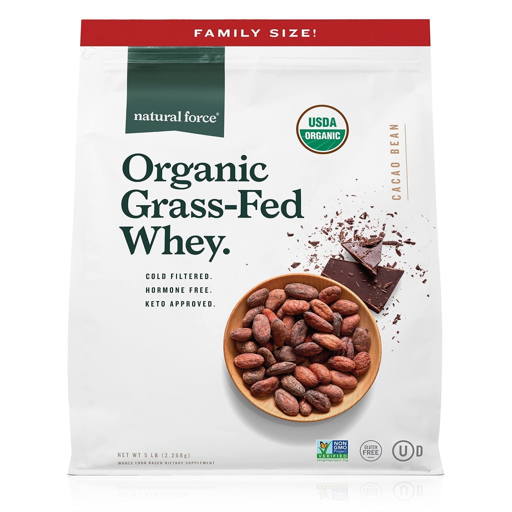 Natural Force Whey Protein Powder - Chokolade, 5 lbs - Grass Fed Organic, Pure, Keto & Paleo Friendly, Low Carb, Kosher, Ikke GMO - Familie størrelse A2 Protein