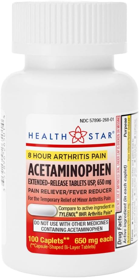 GeriCare Acetaminophen Extended- Release Gigt 650mg Caplets, Pain Reliever, Gigt Symptomer, Feber Reduktion, 100 Greve (pakke med 1)