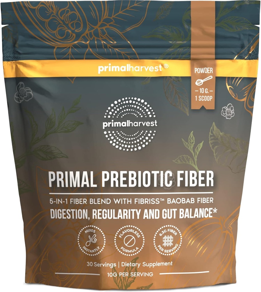 Primær høst Prebiotic Fiber Powder Unflavored, 30 Servere 5 i 1 Dagligt tillæg med Organic Acacia og Fibriss Organic Baobab Powder.