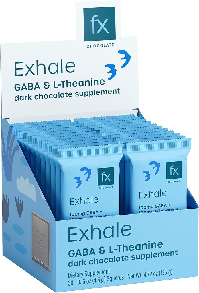 Fx Chocolate Exhale - Afslappende chokolade supplement til støtte rolig + stress reaktion - Sukker Free Cacao med 100mg GABA + 100mg L- Theanine - Keto Dark Chocolate - Vegan + Non- GMO (30 stykker)