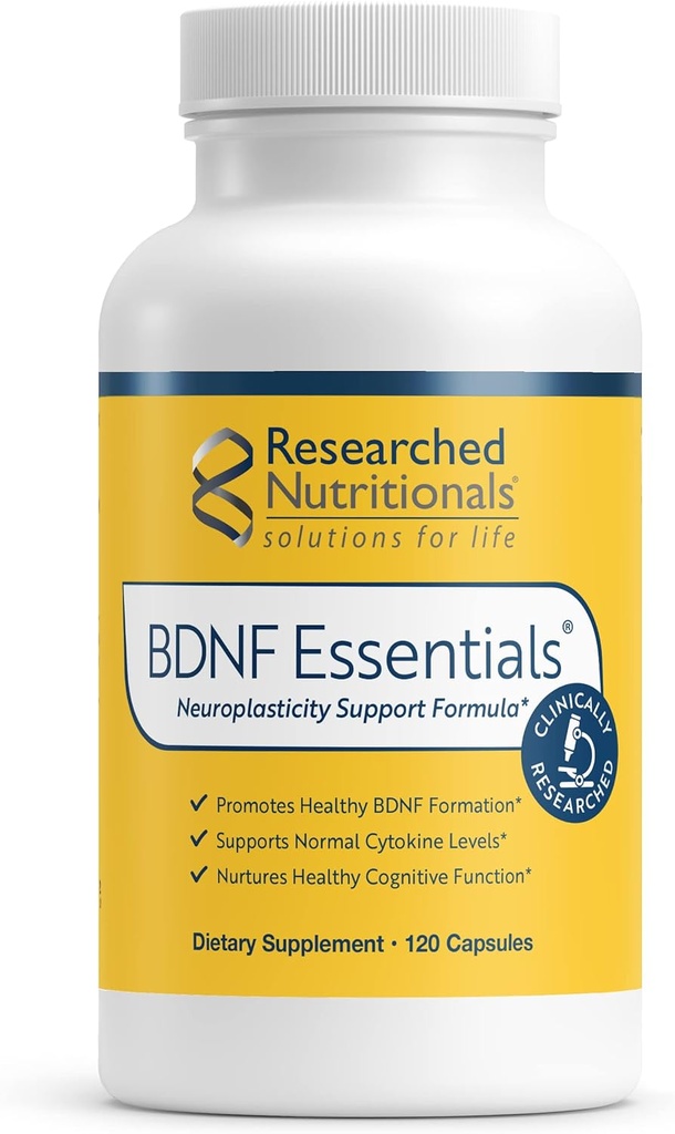 Researched Nutritionals BDNF Essentials - Klinisk researched Brain Supplement med Bacopa Monnieri & Lions Mane Mushroom - Understøtter Neuroplasticitet, og sund Cortisol Niveauer, 120 Kapsler
