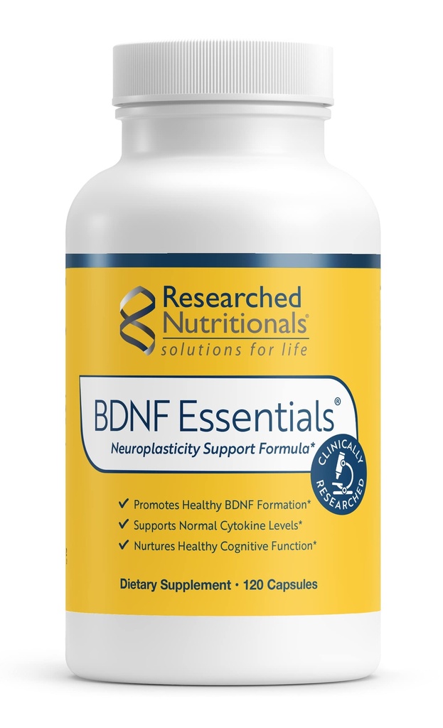 Researched Nutritionals BDNF Essentials - Klinisk researched Brain Supplement med Bacopa Monnieri & Lions Mane Mushroom - Understøtter Neuroplasticitet, og sund Cortisol Niveauer, 120 Kapsler