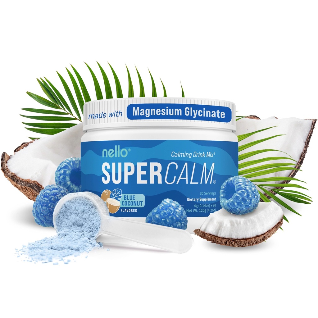 Nello Superrolige pulveriserede Drink Mix, Blue Coconut, L Theanine, Ksm- 66 Ashwagandha, Magnesium Glycinate, D-vitamin 3, Kosttilskud til afslapning & fokus, Ingen Sukker, Ikke GMO, On The Go, 30 Srvgs