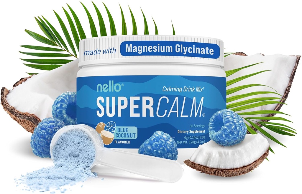 Nello Superrolige pulveriserede Drink Mix, Blue Coconut, L Theanine, Ksm- 66 Ashwagandha, Magnesium Glycinate, D-vitamin 3, Kosttilskud til afslapning & fokus, Ingen Sukker, Ikke GMO, On The Go, 30 Srvgs
