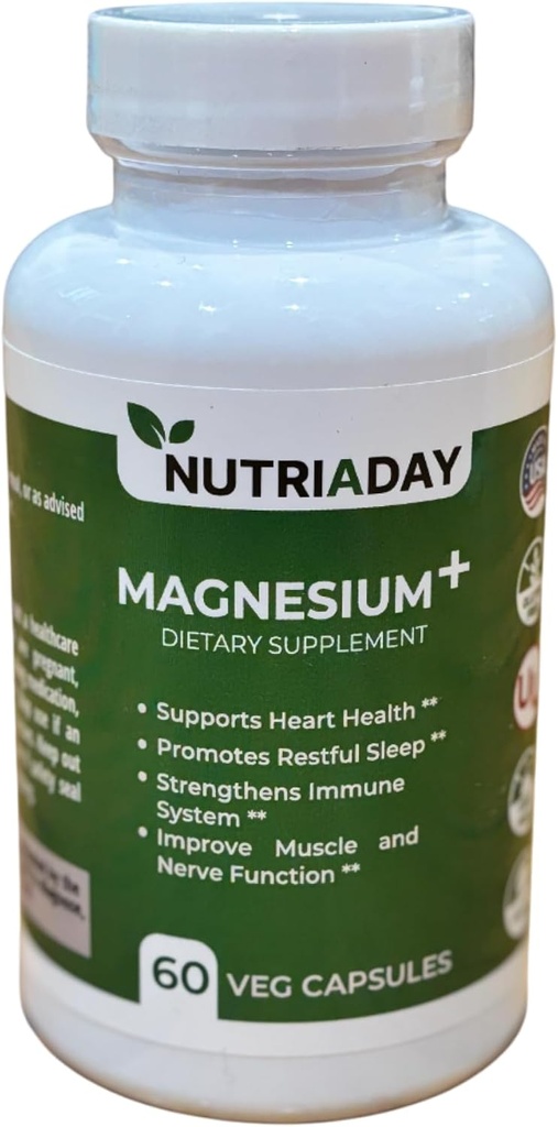 Magnesium Plus supplement - Magnesium kompleks til stress relief, hjerte sundhed, søvnstøtte, immunboost, muskel & nerve støtte - Pure Magnesium glycinat pulver 60 Veg kapsler
