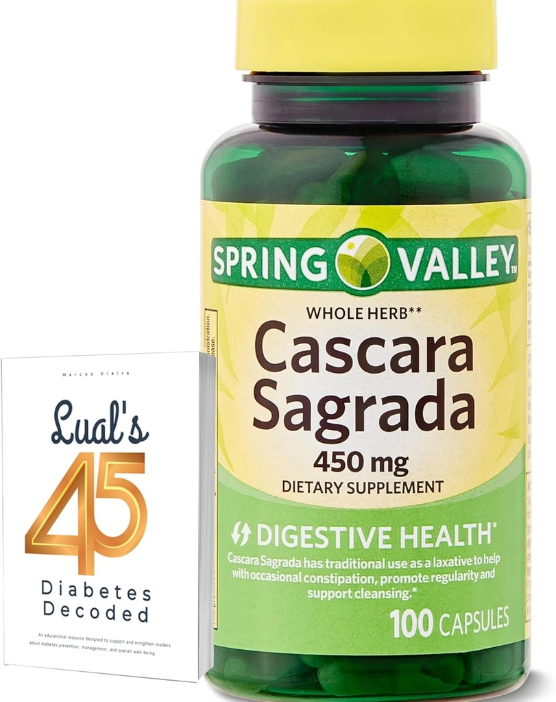 Cascara Sagrada 450mg. Spring Valley Cascara Sagrada 450mg 100 Greve, hele Herb Cascara Sagrada fordøjelsesmiddel kapsler Bundle med Lualls 45 Diabetes afkodet