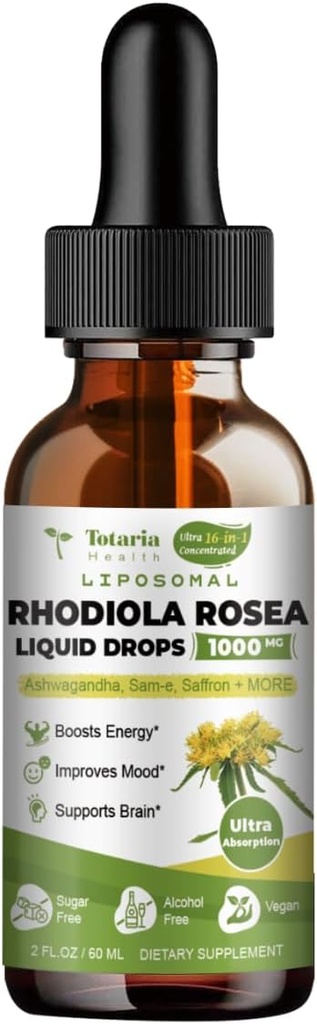 Totaria Liposomal Rhodiola Rosea Tincture 16 in 1, w / Ashwagandha, L-Theanine, Saffron, Ultra Strength Rhodiola Rosea Ashwagandha Cortisol Flydende, Natural Flavor