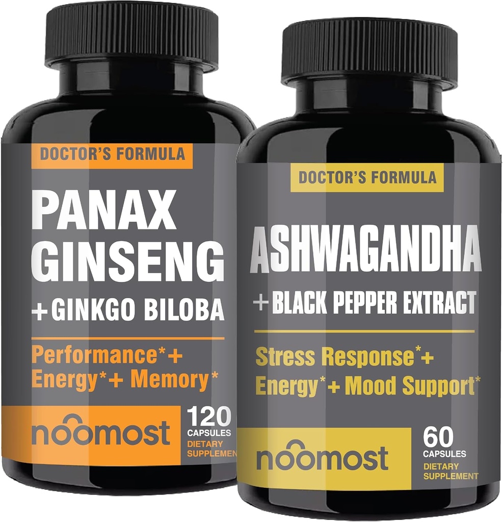 NooMost Autentiske Koreansk Rød Panax Ginseng + Organic Ashwagandha med Ginkgo Biloba & Black Pepper