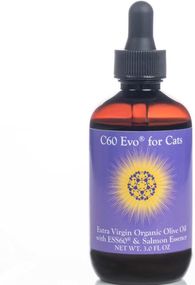 ESS60 Olivenolie til katte - Organic Extra Virgin Olivenolie, Pure C60 ESS60 (.8 mg / ml) & Natural Salmon Essence til støtte dine katte fleksibilitet, energi, immunitet, levetid - 3 oz