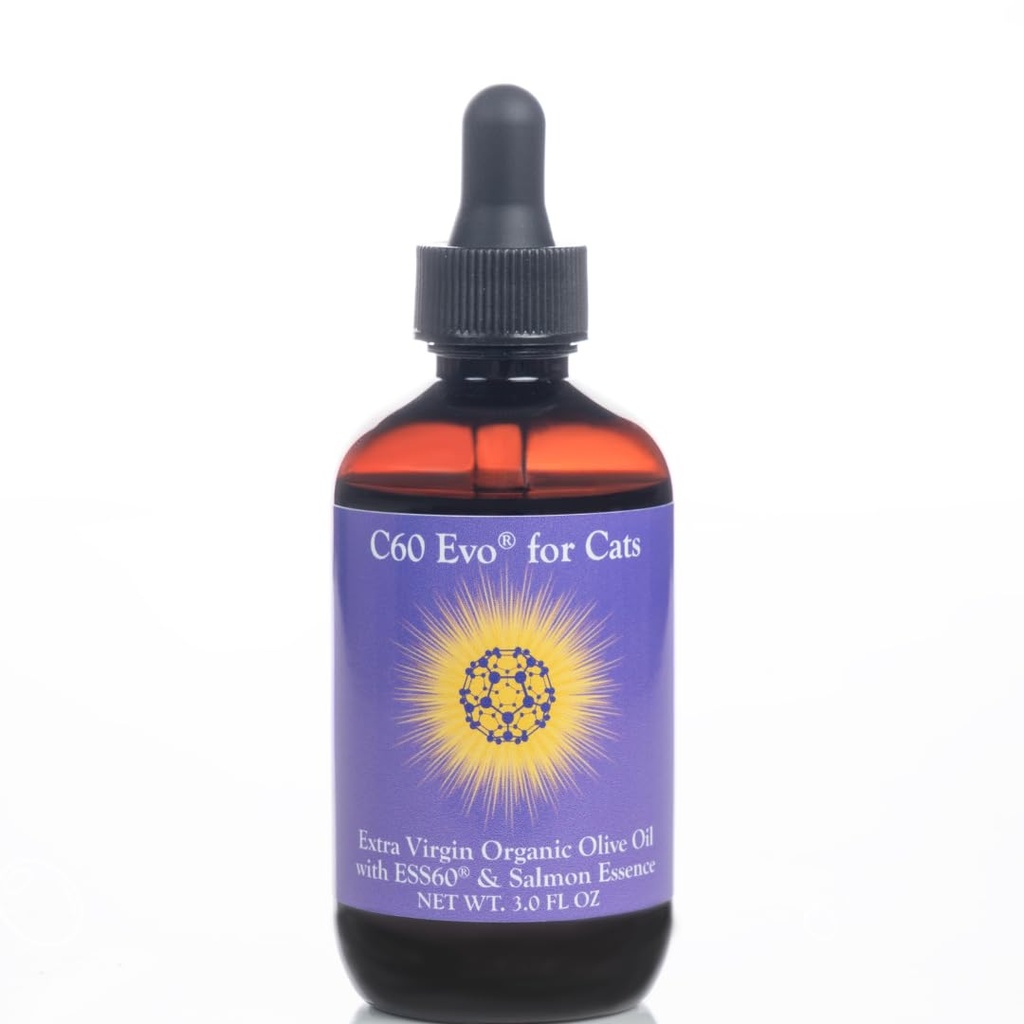 ESS60 Olivenolie til katte - Organic Extra Virgin Olivenolie, Pure C60 ESS60 (.8 mg / ml) & Natural Salmon Essence til støtte dine katte fleksibilitet, energi, immunitet, levetid - 3 oz