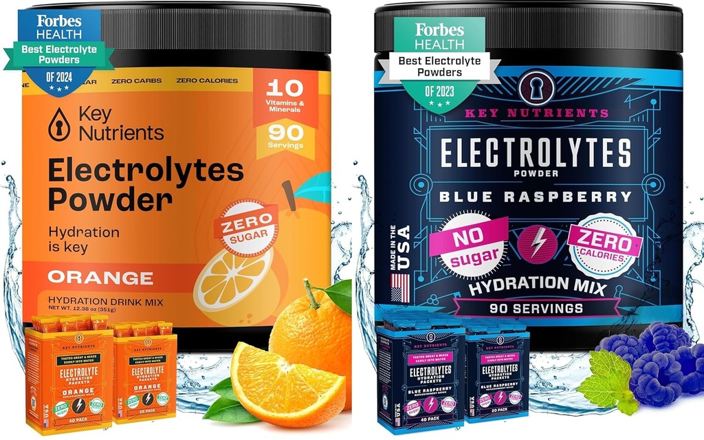 KEY NETRIENSER Multivitamin Electrolytes Powder Bundle - Tangy Orange & Sweet Blue Raspberry - Ingen sukker, ingen kalorier - Hydration, Endurance, og Energy Supplement - 90 Servering Hver - Made in USA