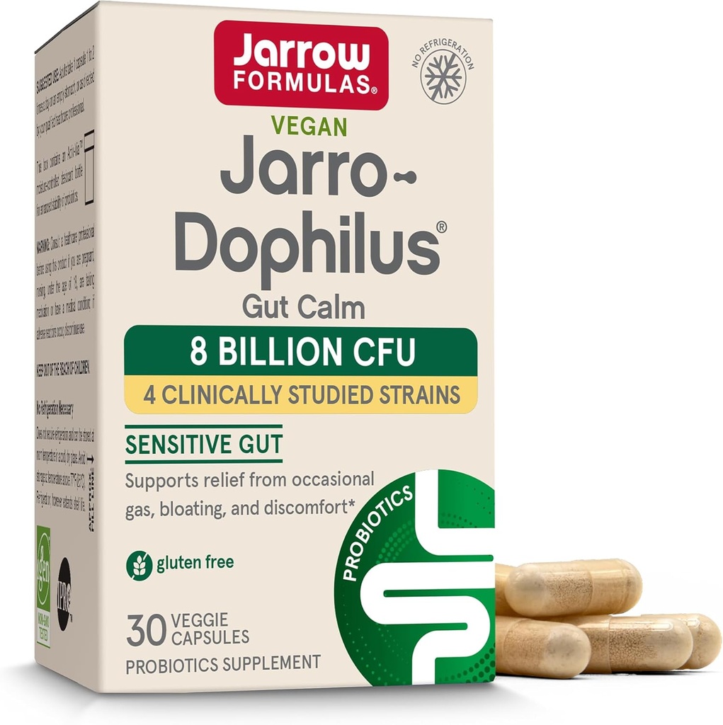 Jarrow Formulas ® Jarro- Dophilus ® Gut Calm Probiotic, 8 Millioner CFU supplement til fordøjelse, 30 Forsinkede frigivelseskapsler, 30 dages forsyning