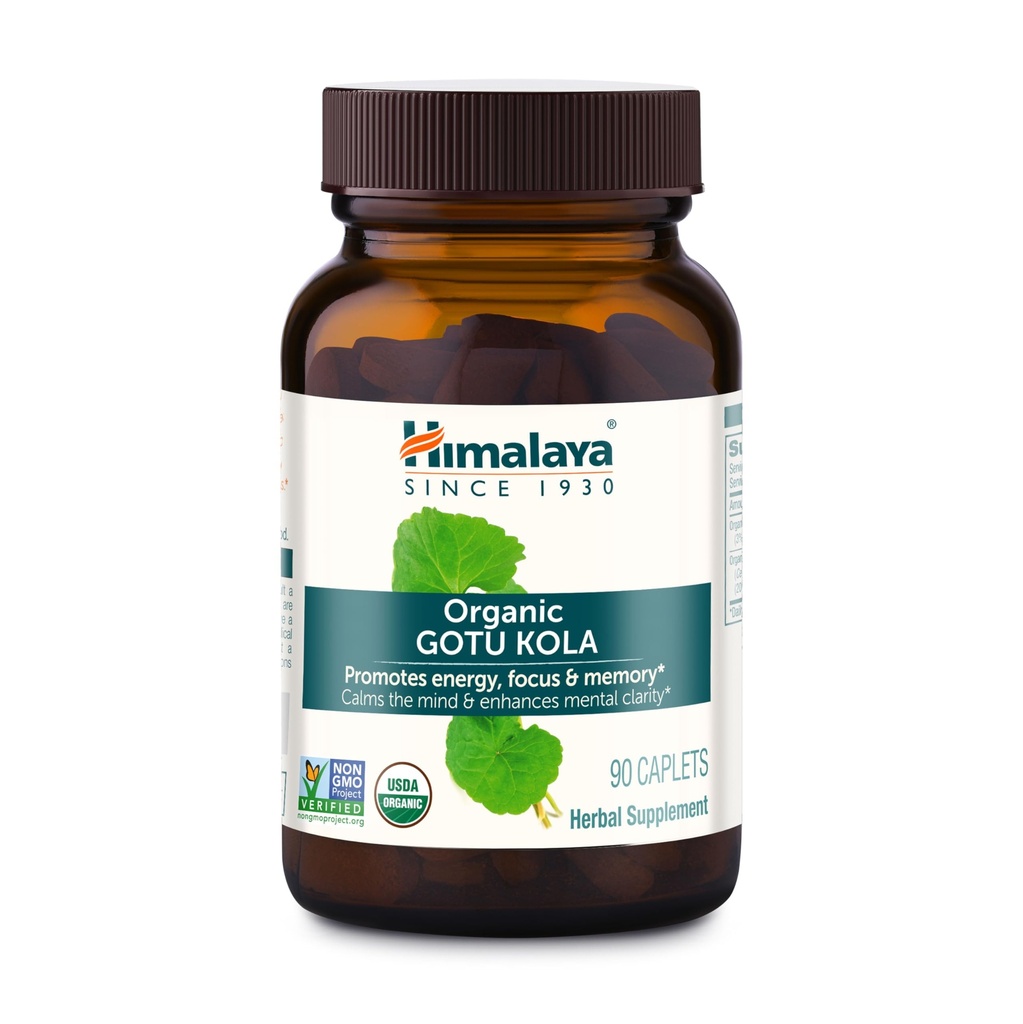 Himalaya Organic Gotu Kola, 45 Day Supply - Herbal Nootrop Supplement med Adaptogens for Energy, Focus, Memory, og Calming Afslapning - Vegan, Non- GMO, Gluten Free, 650 mg, 90 Caplets