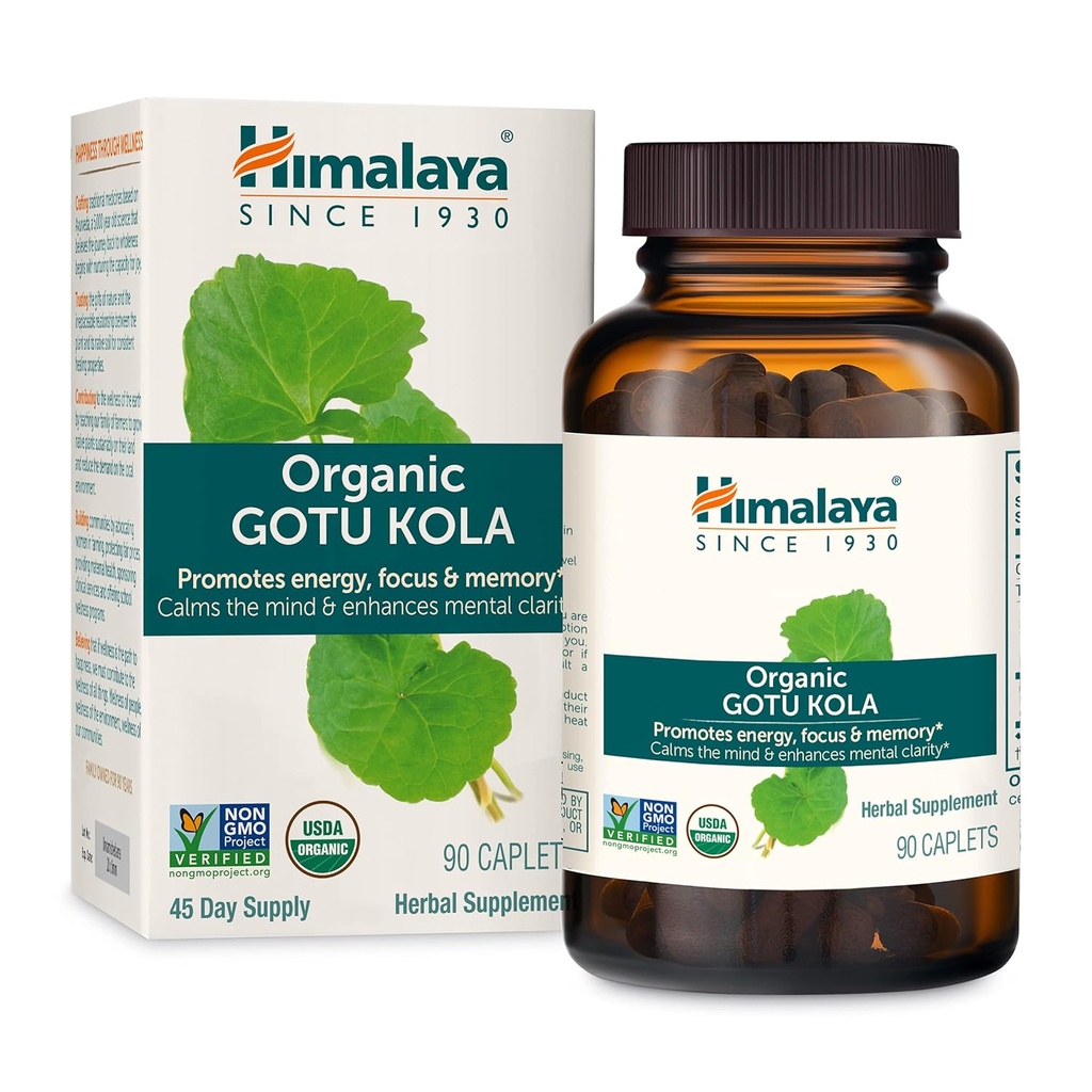 Himalaya Organic Gotu Kola, 45 Day Supply - Herbal Nootrop Supplement med Adaptogens for Energy, Focus, Memory, og Calming Afslapning - Vegan, Non- GMO, Gluten Free, 650 mg, 90 Caplets