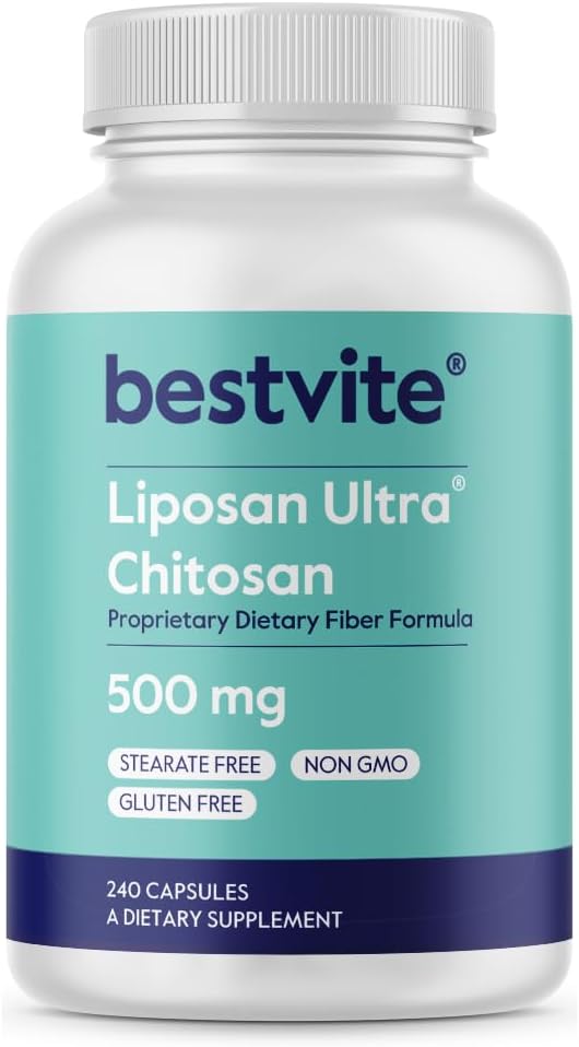 BESTVITE Liposan Ultra Chitosan 500mg (240 kapsler) - Patenteret hurtigere fungerende end regelmæssig Chitosan - Ingen Stearates - Ingen Fillers