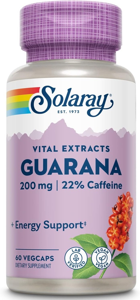 SOLARAY Guarana Seed Extract 300 mg 1 400; 44 mg Koffein 1 400; sund energi, fokus, hukommelse og stofskifte Support 124; 60 VegCaps