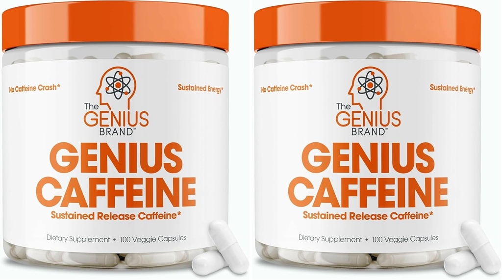 Genius Koffein piller 100mg, Extended-Release Mikroindkapslet Koffein piller - All- Natural Non- Crash Vedvarende energi, Focus & Concentration Supplement - Nootrop Brain Booster - 100 kapsler