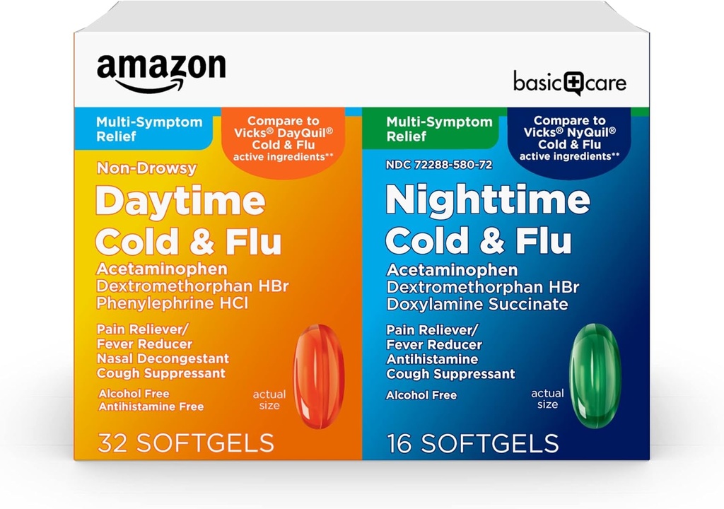Basic Care Cold and Flu Relief, Daytime and Nighttime Combo Pack Softels, Powerful Cold Medicine for Day and Night Multi- Symptom Relief, 48 Count (Pack of 1)