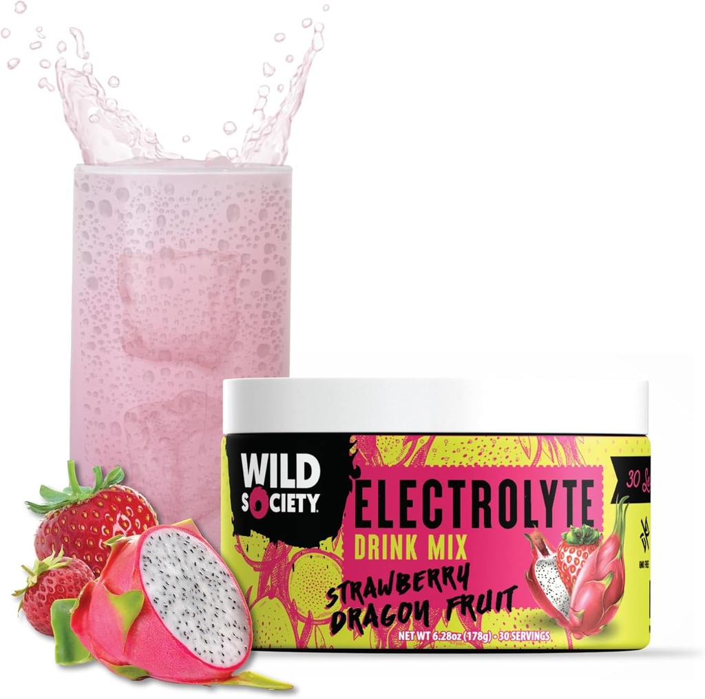 Wild Society - Premium Zero Sugar Electrolytes Powder Drink Mix, 3x Absorption Magnesium Glycinate - Sugar Free, Low Calorie, Science Backed, Forfriskning Hydration, Jordbær Dragon Fruit, 30 Servering