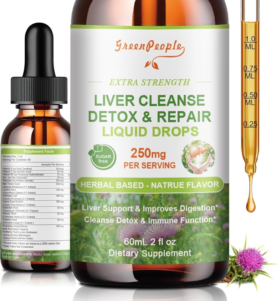 GREENPEOPLE lever rense Detox & reparation dråber - Lever supplement w / Mælk Thistle Silymarin, Artiskoke & Mælkebøtte til lever Detox & Support - 16x Potent Herb- Nutrients - 2Fl Oz Natural Artival