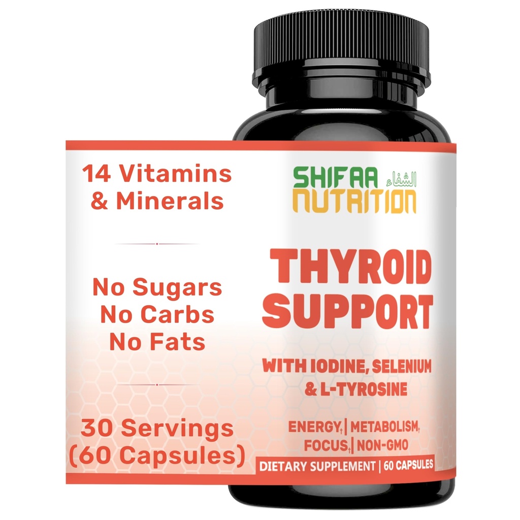 SHIFAA NUTRITION Halal Thyroid Support 30 Servering af ikke-GMO-relief supplement w / B12, jod, selenium, L-Tyrosine
