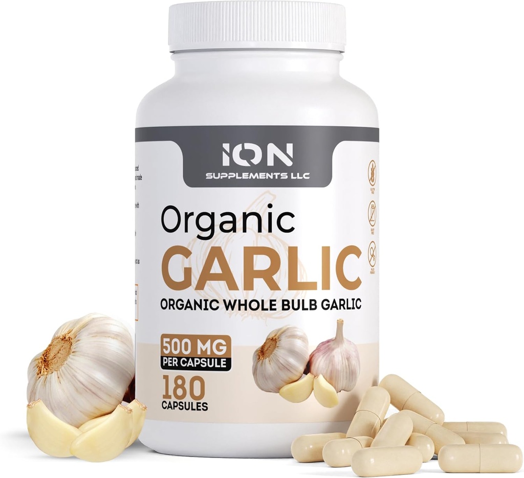 Ion Kosttilskud: 124; Herbal Organic Whole Bulb Hvidløg Kapsler: 124; 500 mg per Cap, 180 Caps: 124; Ingen Fylder eller Flow Agenter: 124; 100% naturlige rødder