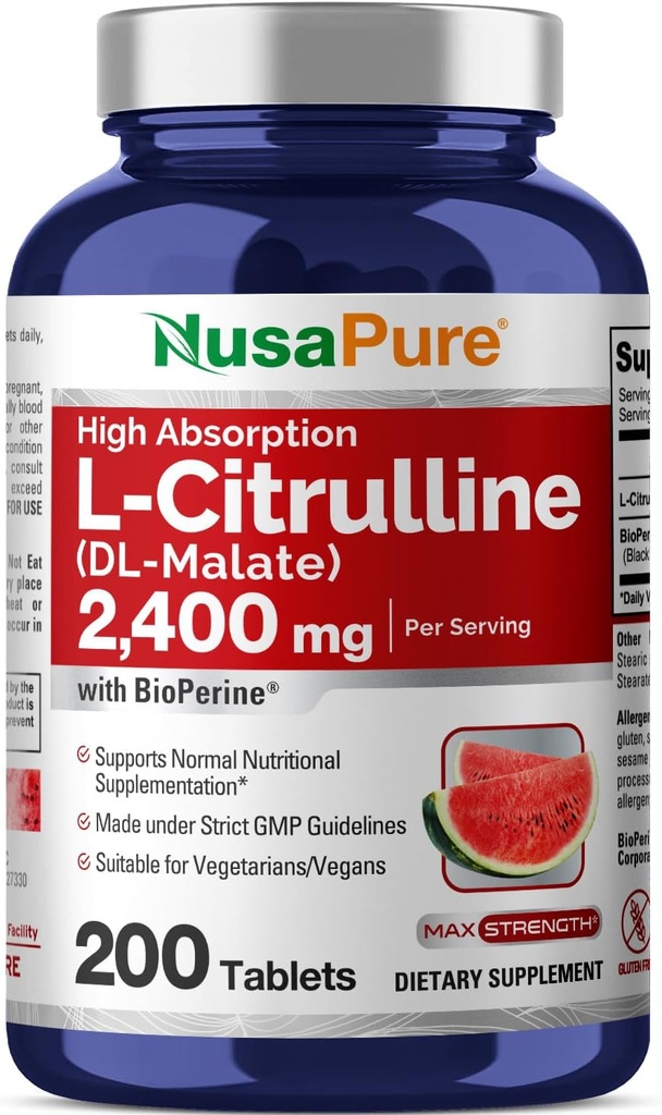 NusaPure L- Citrullin 2,400mg 200 Vegetartabletter (ikke- GMO, Gluten Free, 100- Day Supply, Bioperine)