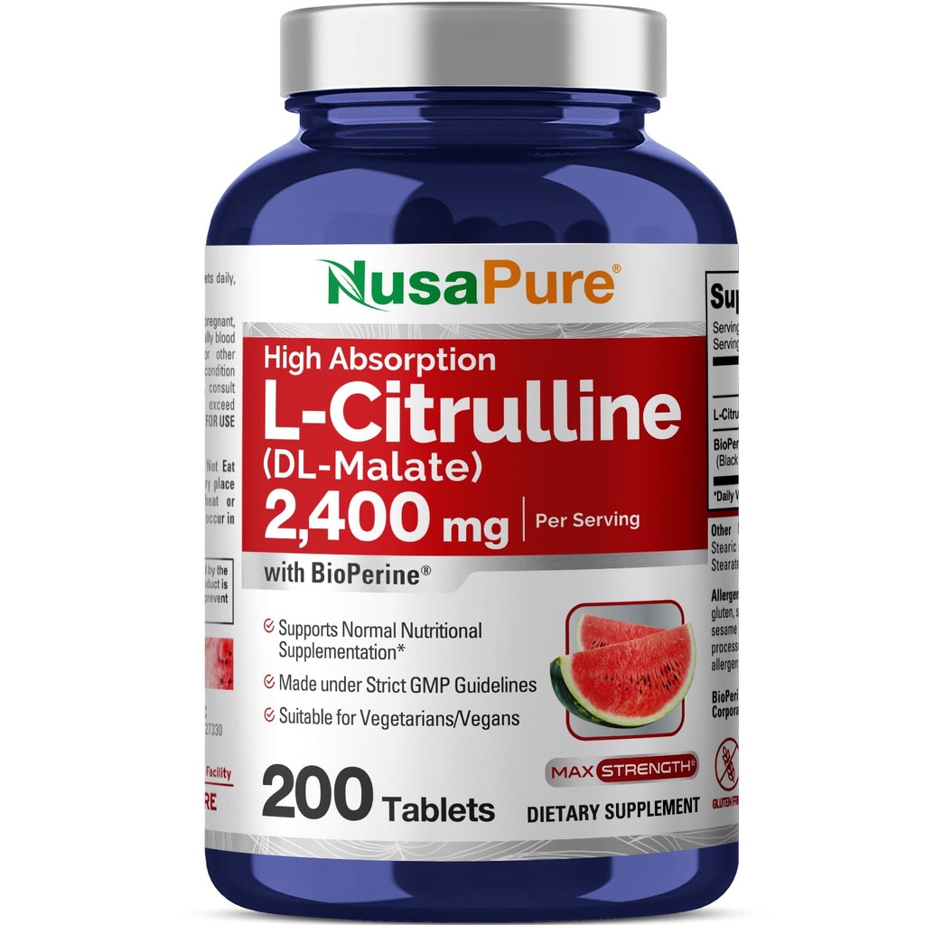 NusaPure L- Citrullin 2,400mg 200 Vegetartabletter (ikke- GMO, Gluten Free, 100- Day Supply, Bioperine)