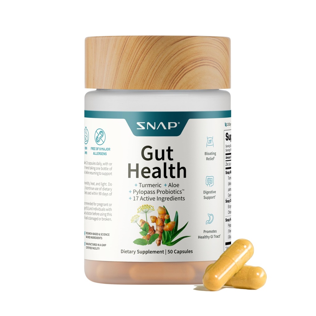 SNAP Gut Health Supplement - Gurkemeje, Aloe & Pylopass Probiotika - 17 aktive ingredienser til Bloating Relief, fordøjelsesstøtte & sund GI Tract - Kosttilskud, 50 kapsler