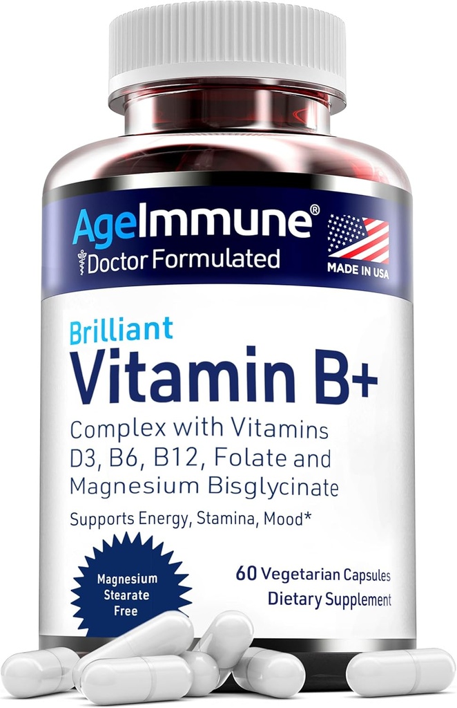 AgeImmune Vitamin B Complex with Vitamin D3 B12 B6 Magnesium Bisglycinate and Folate as Methylfolate - Doctor Formulated Methylated B Complex Supplement – 60 Capsules - Without Niacin