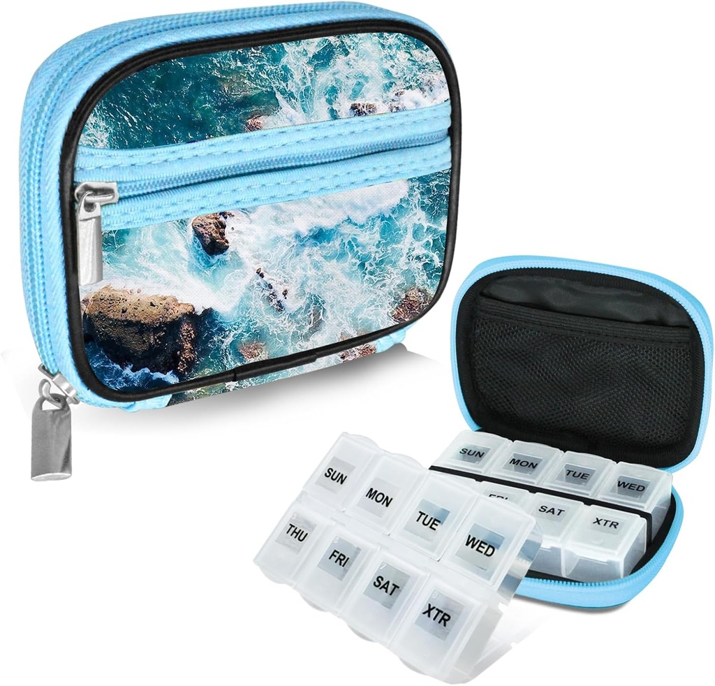 Serfeymi Weekly Travel Pill Organizer Pill Case for Purse med Aftagelig 7 Day Pill Box, Fashionable Travel Medicine Organizer Pill Container for Medicine, Vitamin, Supplement - Blue 03 + Pill Box