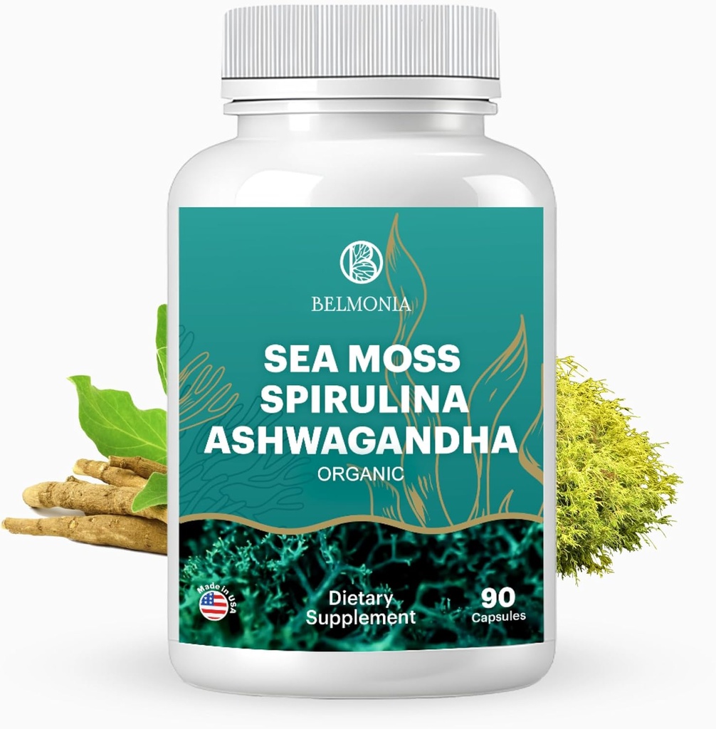 Sea Moss med Spirulina og Ashwagandha Blend Capsules, Mood, immunforsvar & Stress Relief, Micro Ingredients & Antioxidants Kilde - Non- GMO, Vegan Superfood Supplement, 90 Greve