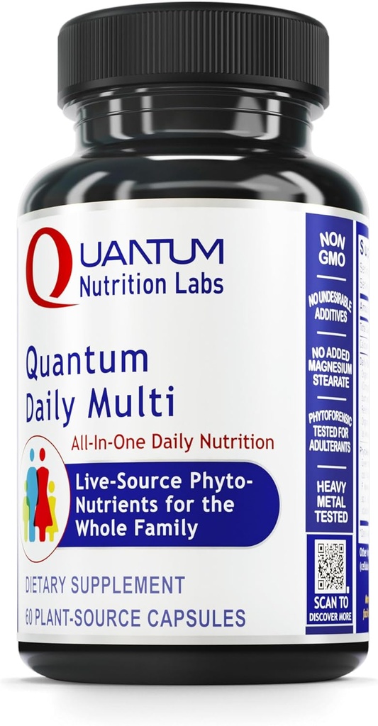 Quantum Nutrition Labs Daily Multivitamin - Multivitamin til mænd og kvinder, Daily Nutrition Kosttilskud med Calcium til voksne, Lavet med Cordyceps og grøn te - 60 vegetariske kapsler