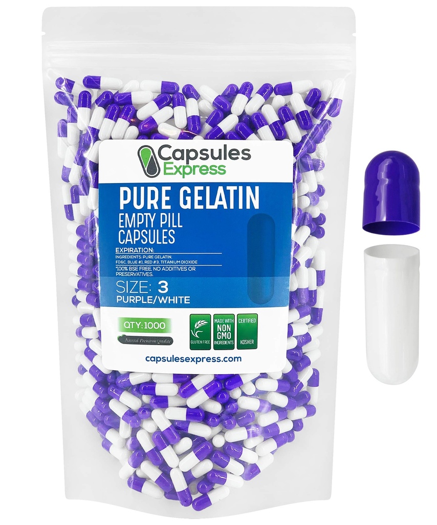 XPRS Nutra Størrelse 3 Tomme kapsler - 1000 Tomme Gelatine kapsler - Piller gør det - Pure Bovin Pill Gel Caps Fyldelig til Do- It- Yourself vitaminer og kosttilskud (lilla / hvid)