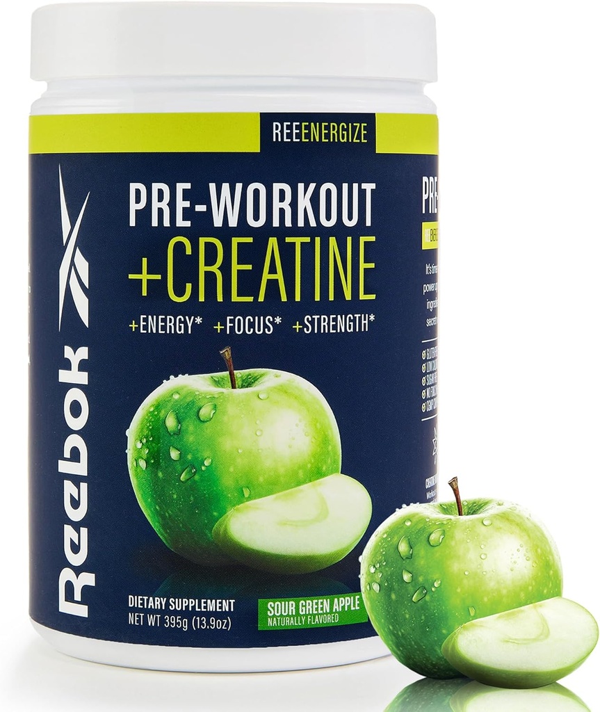 Reebok Pre-Workout Powder | 200mg Natural Caffeine, 3g Creatine Monohydrate | Clean Energy Pre Workout for Strength, Focus & Pump | Informed-Sport Certified | ReeEnergize | Sour Green Apple