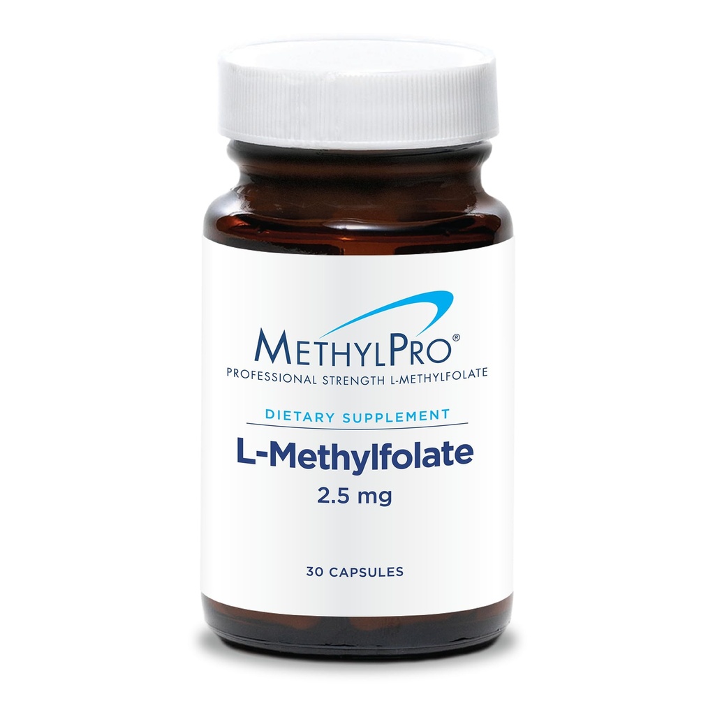 MethylPro L- Methylfolat 2, 5 mg - L Methylfolat, Methylfolat supplement til kvinder og mænd, Methylyleret vitamin B9 (5 - MTHF) for hjernesundhed, fokus og ro - 30 kapsler (pakning med 1)