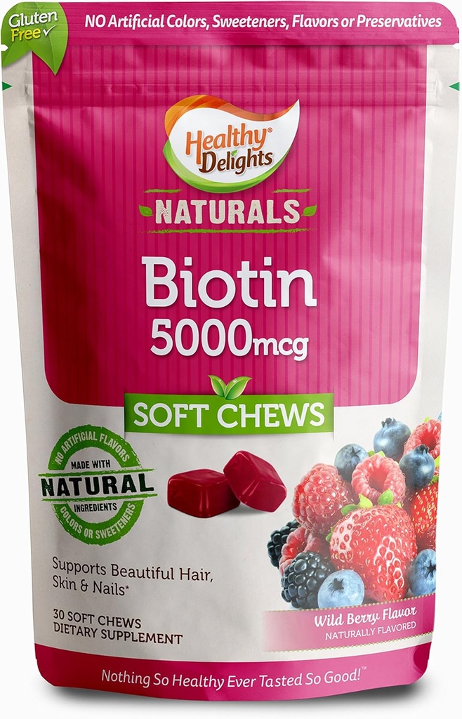 Sunde Delights Naturals, Biotin Soft Chews, Understøtter Lustrøse hår, glødende hud & stærke negle, lækker Wild Berry Flavor, 30 Greve