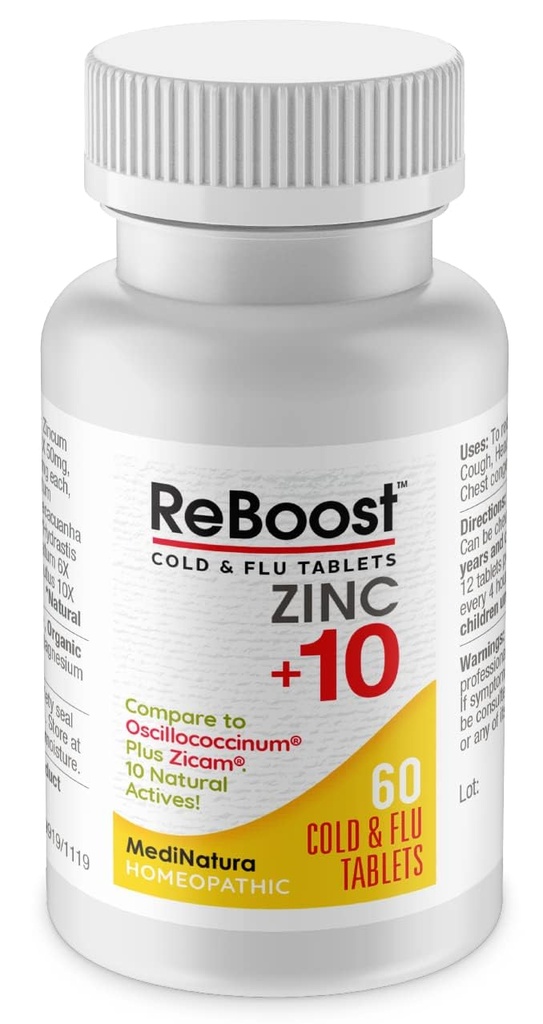 MediNatura ReBoost Zink + 10 MAX Cold & Flu Symptom Relief Fast- Active, Non- Drowsy Natural Lindrende Homøopatisk Hjælper Relieve Hele kroppen ubehag, Hoste, Træthed, Congestion - Lemon - 60 tabletter