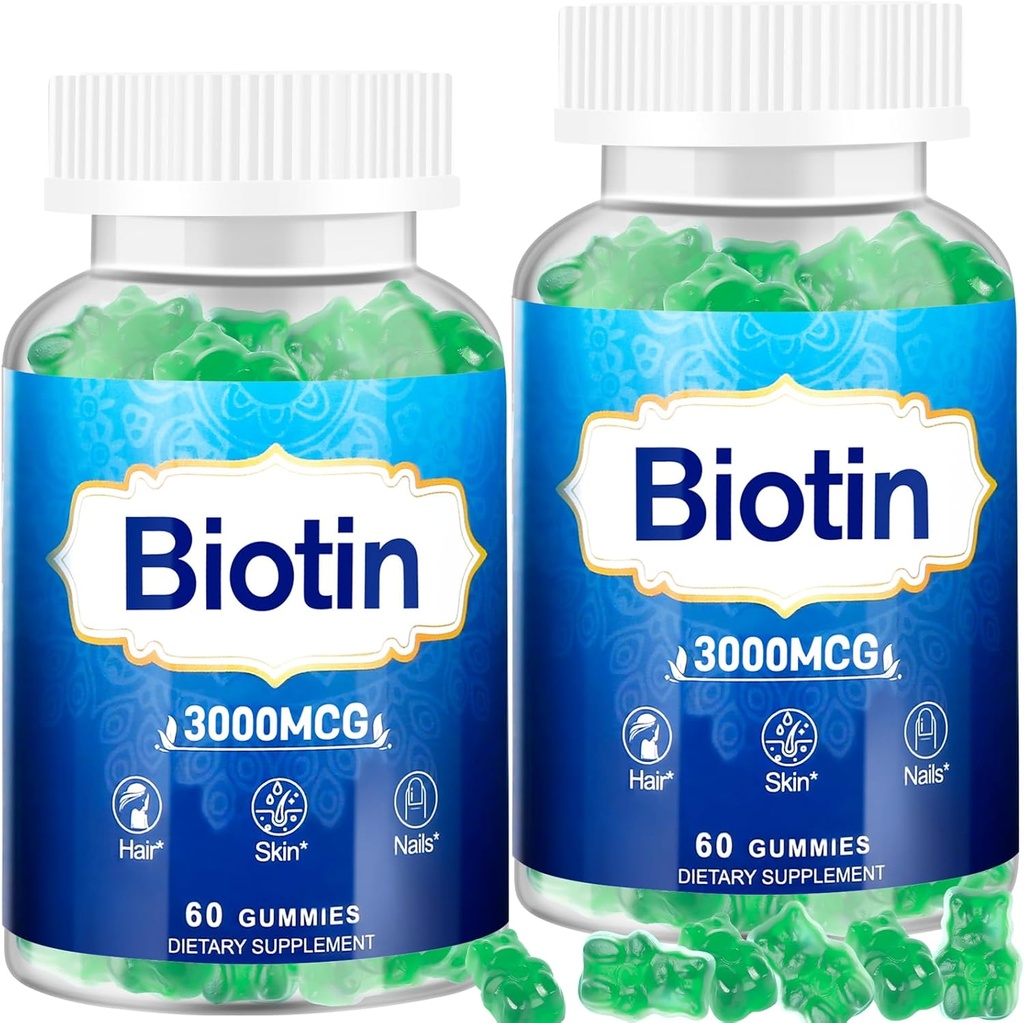 Hår Hud og negle Gummies, 2 Pack høj potens Hår Vitamin til kvinder, mænd & børn, D-vitamin & E, B16, B12, Biotin Gummies til hårvækst, hud, og stærkere negle