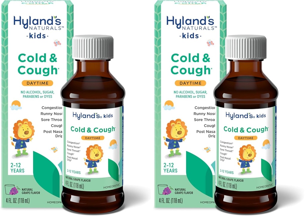 Hyland 's Naturals Kids Cold & Hough, Daytime Grape Flavor Hough Syrup medicin til børn i alderen 2 +, Decongestant, Sore Throat & Allergy Relief, Naturlig behandling for almindelige kolde symptomer, 4 Fl Oz