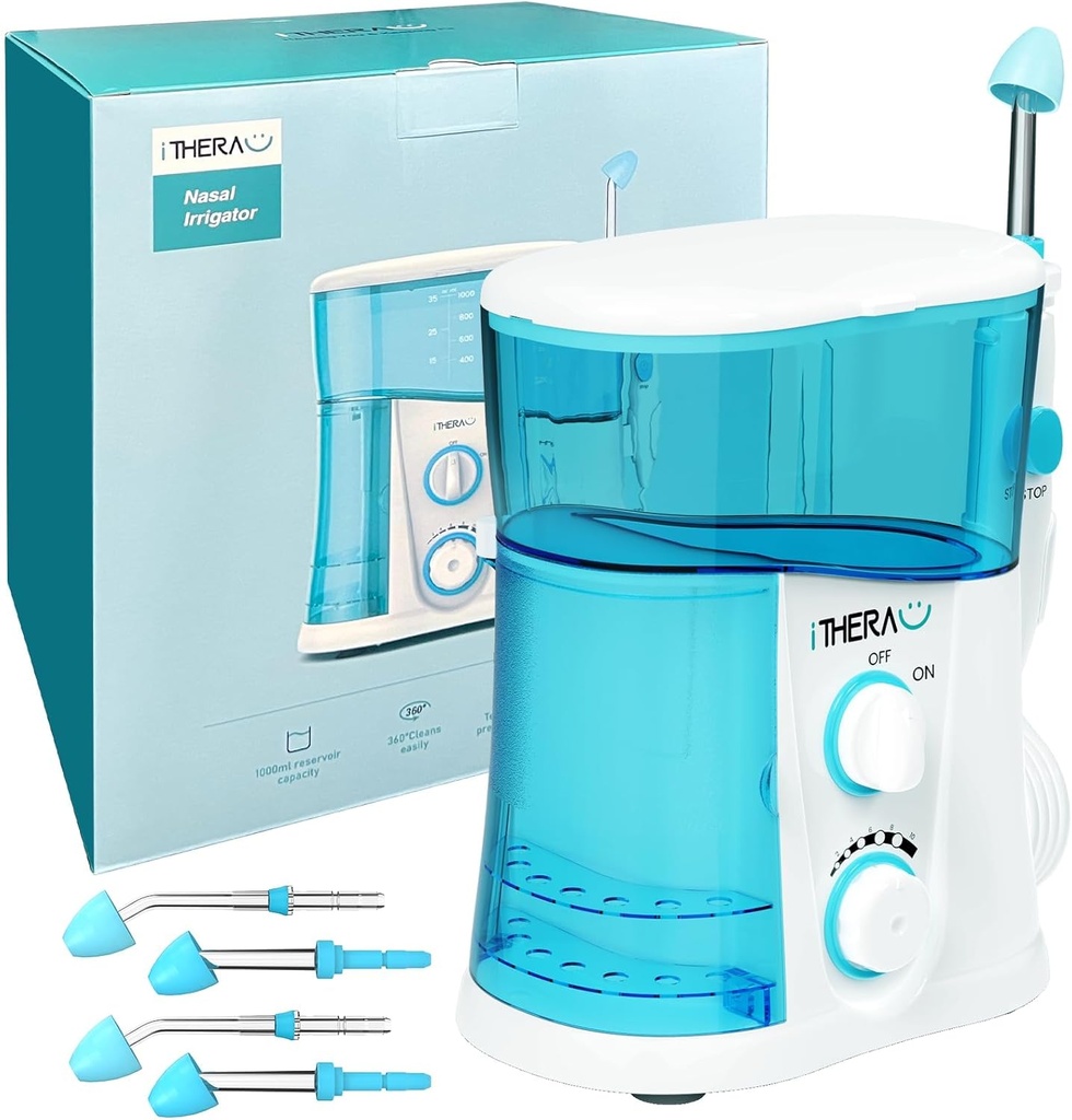 iTHERAU Nasal Irrigator Sinus Rinse Bundle, Stærk Power Nose Cleaner til Sinus Relief 4 Næserengøringstips med 40 SaltPods