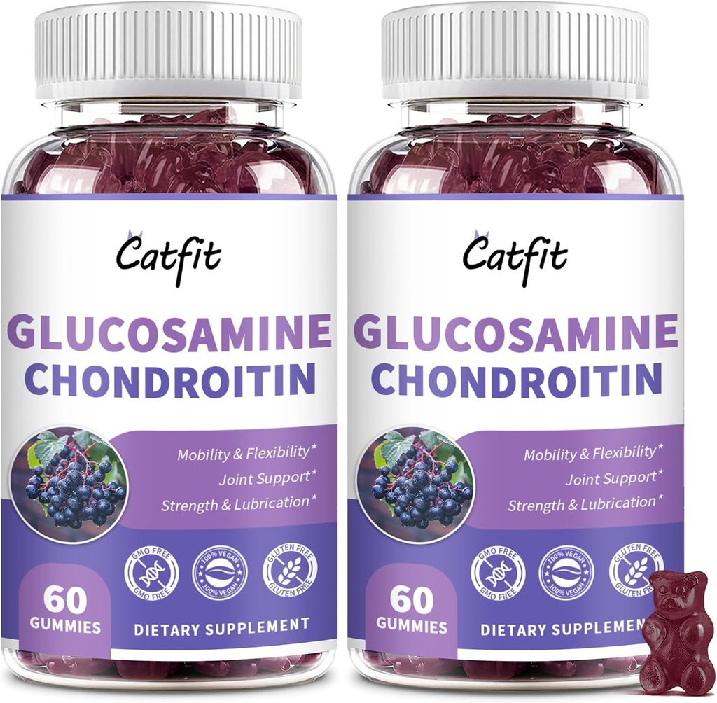 Catfit Glucosamin Chondroitin Gummies, Extra Strength Joint Health Support Supplement med MSM & Elderberry, Antioxidant immunsupport Supplement for voksne mænd og kvinder (2 Pack)